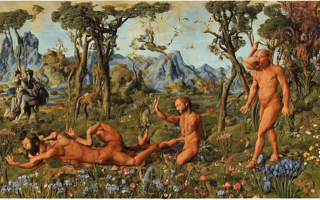 Image similar to a portrait photograph of a meditating satyr and a centaur monk riding a rocket machine and hunting at a river delta. surrounded by bulbous flowers and trees. mountain range under a blue sky of fiery stars. by jan van eyck, max ernst, ernst haeckel, ernst fuchs and artgerm, cgsociety, fashion editorial, 8 k