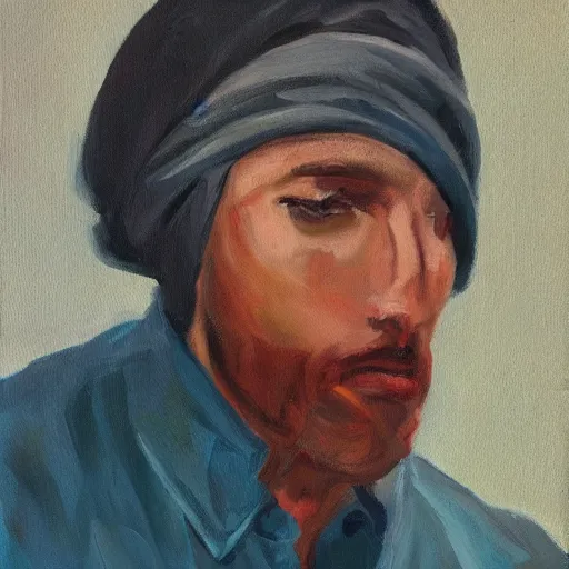 Image similar to A handsome man with a pair of pants around his head, oil on canvas