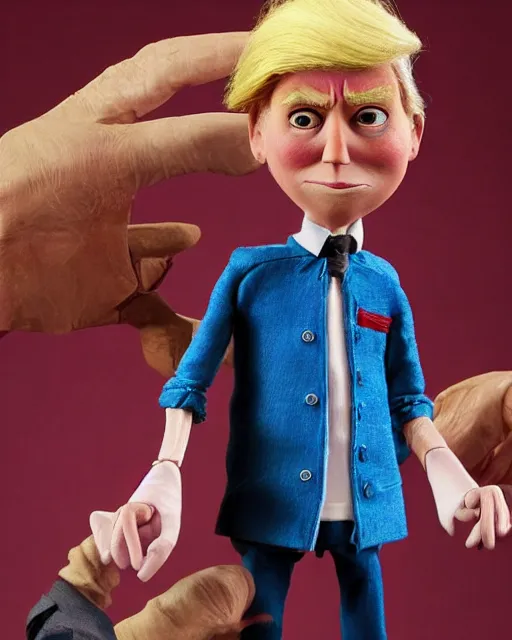 Image similar to photos donald trump as a highly detailed stop motion puppet, in the style of laika studios ’ s paranorman, coraline, kubo and the two strings