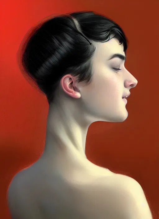 Image similar to portrait of white teenage girl, narrow face, short black hair and eyebrows, bangs, half updo hairstyle, buck teeth, unattractive, defined jawline, long chin, smile, hair bow, intricate, elegant, glowing lights, highly detailed, digital painting, artstation, sharp focus, illustration, art by wlop, mars ravelo and greg rutkowski