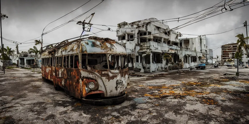 Image similar to wide angle shot of dilapidated fallout 5 miami, tropical coastal city, desolate, dilapidated, some rusted retro futuristic vintage parked vehicles like cars, buses, trucks, trams, slight overcast weather, fog, volumetric lighting, photorealistic, daytime, autumn, sharp focus, ultra detailed,