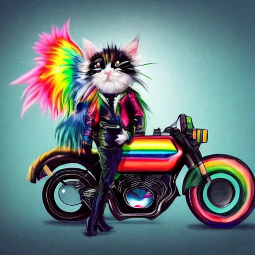 Image similar to wide angle full body, jacket wearing fluffy cute rainbow kitten wearing a black leather motorcycle jacket, riding on a motorcycle, cinematic concept art