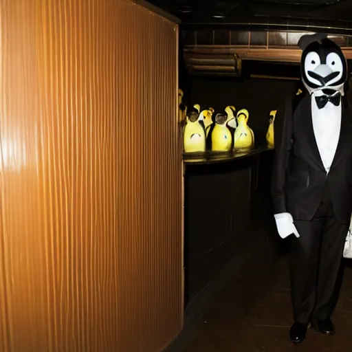 Image similar to photo of a man in a suit wearing a latex mask of a emperor penguin, at a nightclub, back photo