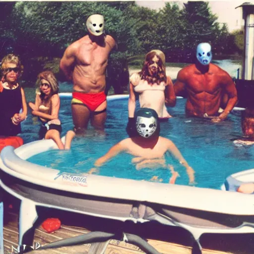 Image similar to Jason Voorhees 60's pool party Polaroid