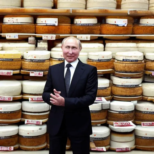 Image similar to close up of vladimir putin visiting a cheese market