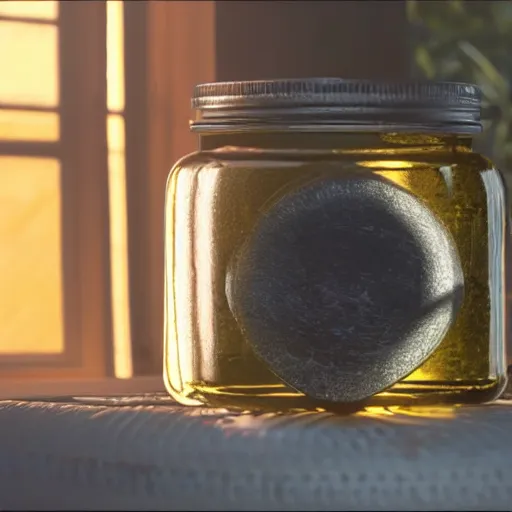 Image similar to a close - up of a gpu preserved in a jar of olive oil, sun rays shining through window, cinematic shot, photo still from movie by denis villeneuve