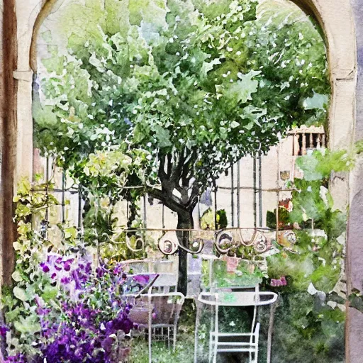 Image similar to delicate, chairs, globes, garden, paved, botanic watercolors, iridescent, 8 k, realistic shaded, fine details, artstation, italian, iron gate, tree, mediterranean