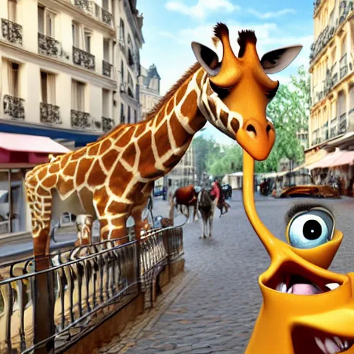 Image similar to a giraffe with big eyes looking for a cup of coffee in beautiful morning café in Paris. Pixar Disney 4K 3d render funny animation movie Oscar winning trending on ArtStation and Behance. Ratatouille style.