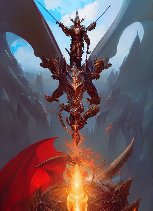 Image similar to highly detailed portrait of a paladin knight with shield fighting a red dragon, fantasy art by by simon bisley, loish, rhads, ferdinand knab, makoto shinkai and lois van baarle, ilya kuvshinov, rossdraws, tom bagshaw, global illumination, radiant light, detailed and intricate environment