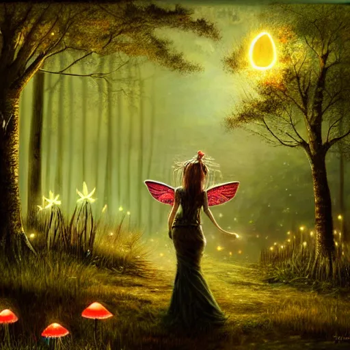 Prompt: realist painting, high detail, woodland village, in the night, fantasy, crescent moon, luminous, toadstools, fireflies, fantasy, mist, highly detailed painting, fine lines, light rays, attractive woman fairy, 8 k realistic, sharp focus