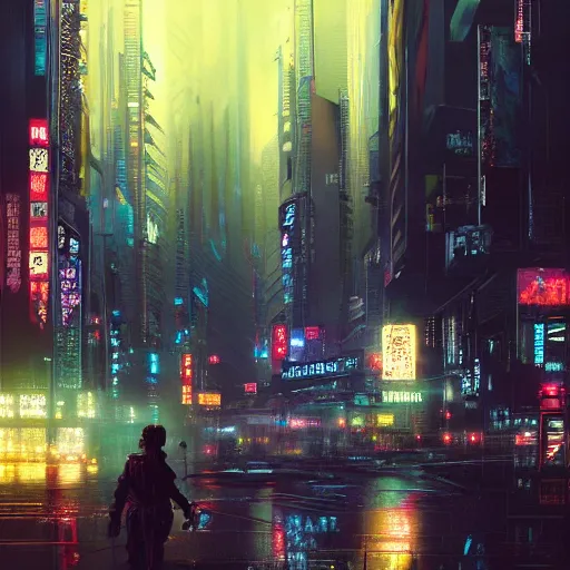 Image similar to a painting of cyberpunk tokyo ultra realistic, colour, concept art, intricate details, night, thunder, raining, eerie, highly detailed, dark fantasy, photorealistic, octane render, 8 k, unreal engine 5. art by artgerm and craig mullins, greg rutkowski and bill sienkiewicz