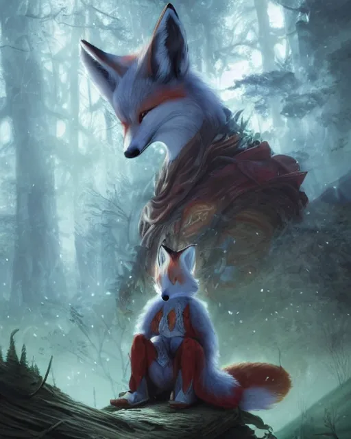 Image similar to Kitsune Fox Sorcerer meditating in the woods, magic the gathering artwork, D&D, fantasy, cinematic lighting, centered, symmetrical, highly detailed, digital painting, artstation, concept art, smooth, sharp focus, illustration, volumetric lighting, epic Composition, 8k, art by Akihiko Yoshida and Greg Rutkowski and Craig Mullins, heroic pose, oil painting, cgsociety, Tree Woodland atmosphere