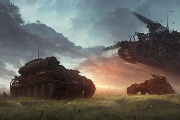 Prompt: concept art of ruined dieselpunk orcish tanks in an open field, key visual, ambient lighting, highly detailed, digital painting, artstation, concept art, sharp focus, by makoto shinkai and akihiko yoshida and hidari and wlop