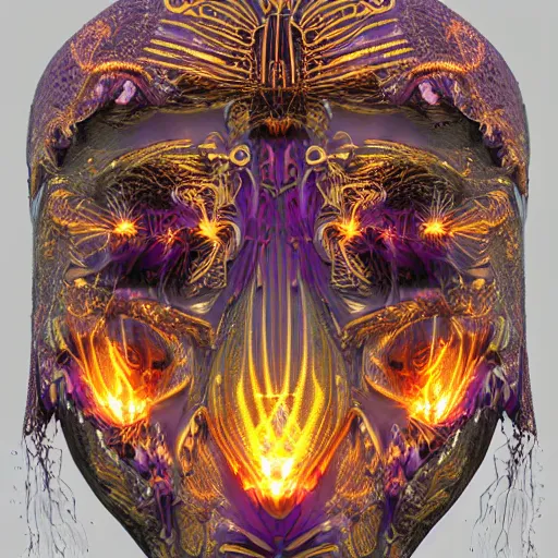 Image similar to symmetrical features, magical realism, texture, intricate, ornate, royally decorated, follicle, tiny sticks,small insects, water drops,sap,spider web, purple veins, whirling smoke, embers, red adornements, radiant colors, trending on artstation, volumetric lighting, micro details, 3d sculpture, ray tracing, 8k