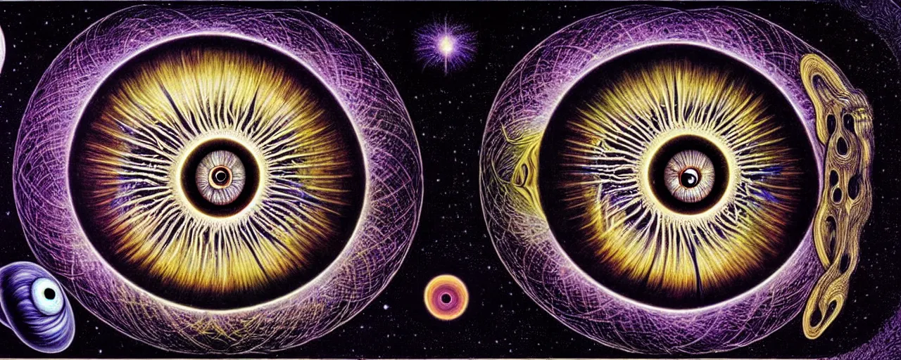 Image similar to a giant eyeball sings a unique canto about'as above so below'to the a cosmic cochlea, while being ignited by the spirit of haeckel and robert fludd, breakthrough is iminent, glory be to the magic within, in honor of saturn, painted by alex grey