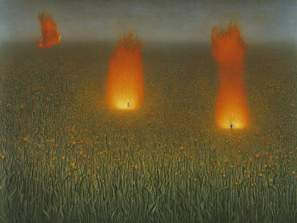 Image similar to Fire blazing through the field of giant alien irises. Strange moths with huge eyes. Painting by Beksiński, Jan van Eyck, Henri Rousseau.