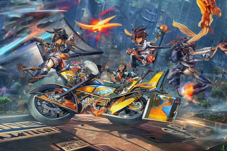 Prompt: an ultra detailed 3 d vector render of card games on motorcycles, yu - gi - oh anime, ultrawide lense, aerial photography, 8 k, volumetric lighting, smooth, highly detailed, digital illustration, art by greg rutkowski and akira toriyama and artgerm