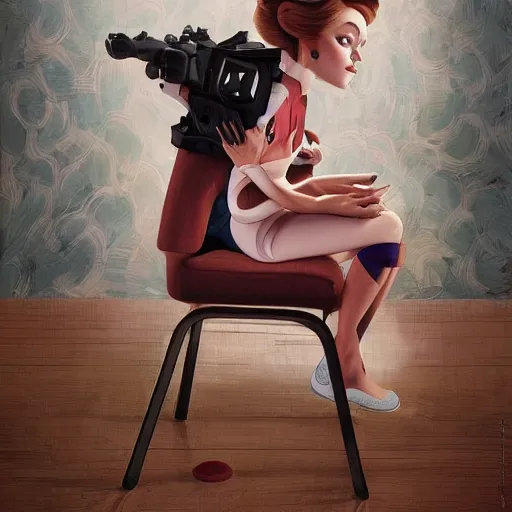 Prompt: Lofi portrait in high back chair, Pixar style by Tristan Eaton and Stanley Artgerm and Tom Bagshaw and Tim Burton