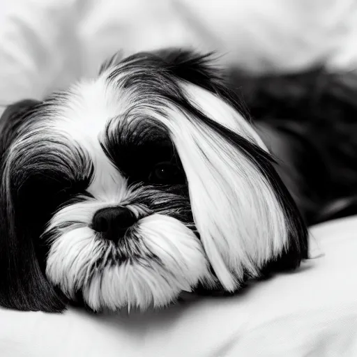 Prompt: black and white photo a a shih tzu sleeping in a bed