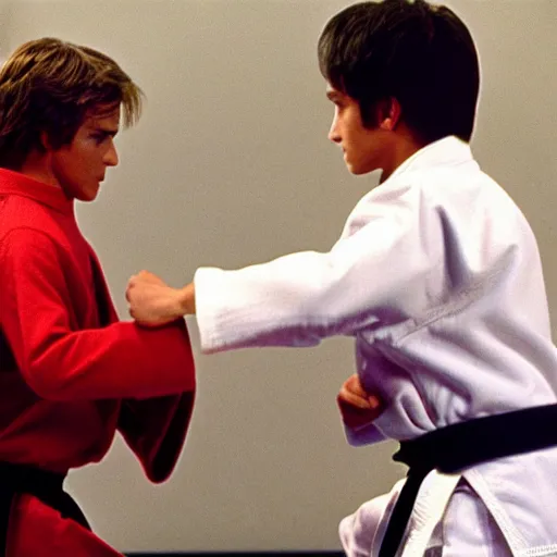 Image similar to kermit the frog fighting daniel in the karate kid, cinematic, high resolution, movie still, dramatic,