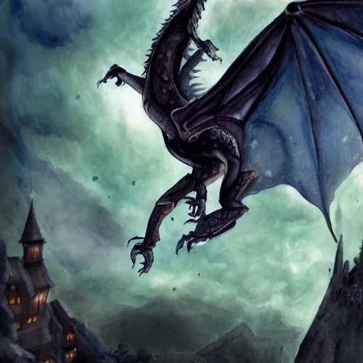 Image similar to a majestic , magnificent dragon flying over a medieval castle under a dark starred sky, dark fantasy, watercolor, dreaming illusion, highly detailed, 4k, trending on Artstation, award-winning