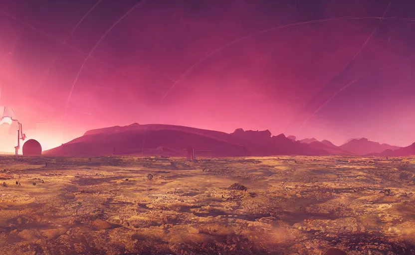 Prompt: a beautiful photo of a sci - fi scientific industrial facility localized in a desert, mountains in the background, patches of yellowish - red - magenta sky, sunset lighting, detailed, hazy, volumetric lighting, god rays, 8 k, cinematic