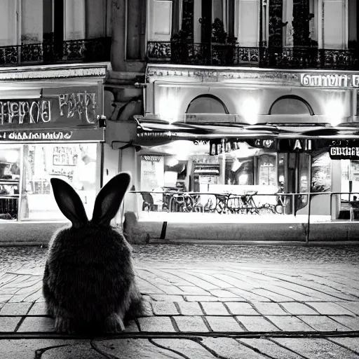 Prompt: a rabbit sitting outside a cafe in paris at night, the eiffel tower is visible in the background, black and white photograph