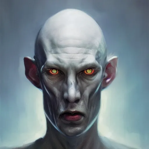 Image similar to portrait of a pale alien cultist, intimidating man, large fish eyes, high forehead, smooth waxy skin, slick clammy skin, ominous, eldritch. oil painting by nuri iyem, james gurney, james jean, greg rutkowski, highly detailed, soft lighting, chiaroscuro