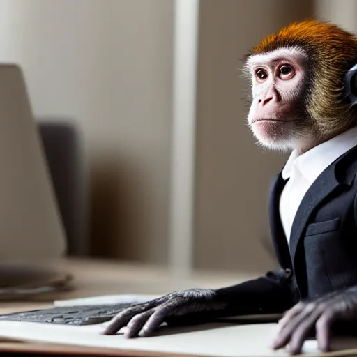 Prompt: a monkey in a suit sitting at a desk