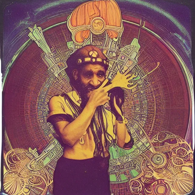 Prompt: polaroid of a vintage record cover by Franklin Booth showing a portrait of Lee Perry as a futuristic space shaman, Alphonse Mucha background, psychedelic art, star map, smoke, sciFi