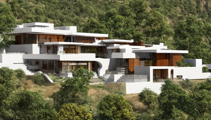 Image similar to residential villa inspired by tibetan architecture, on city, overlooking a valley with trees, frank lloyd wright, zaha hadid, le corbeusier, photorealistic, birds eye view