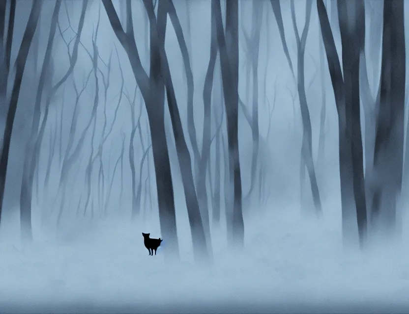 Image similar to supernatural animal spirit in the winter woods. limited palette, western 2 d animation from the 2 0 1 0 s, backlighting, bold composition, depth of field.