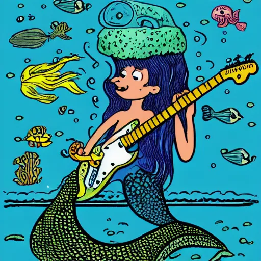 Image similar to illustration of a mermaid playing an stratocaster electric guitar, under the sea, by Bill Watterson