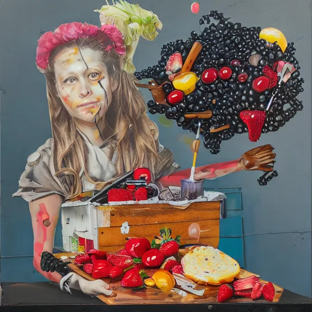 Prompt: a portrait in a dumpster, a woman holding pancakes, honey dripping, berries dripping, strawberries, scientific instruments, ikebana, octopus, neo - expressionism, surrealism, acrylic and spray paint and oilstick on canvas