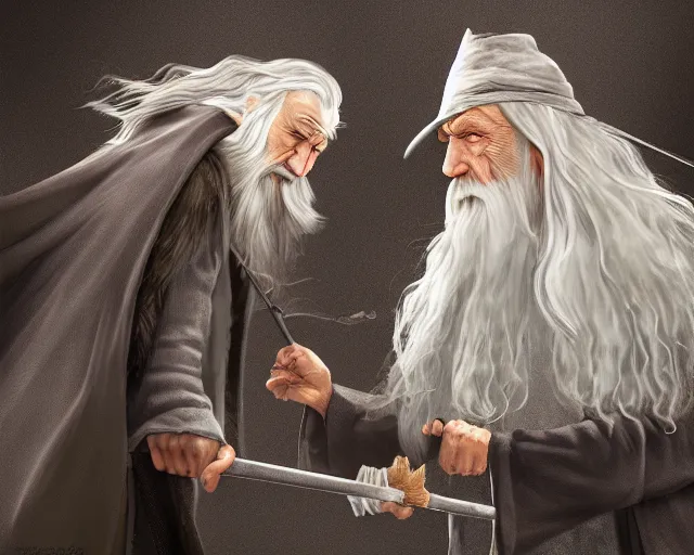 Image similar to Gandalf fighting Dumbeldore in grocery store, highly detailed, digital art, trending on artstation