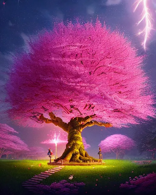 Image similar to highly detailed, stunning image of a heavenly miniuature diorama pink giants cherry blossom trees, stunning tree, ethereal, fairy lights, fireflies lightning glowing everywhere, divine bonsai, matte painting by Jordan Grimmer and Bosch