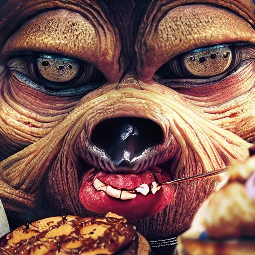 Image similar to closeup portrait of a medieval goblin eating cakes, depth of field, zeiss lens, detailed, symmetrical, centered, fashion photoshoot, by annie leibovitz and steve mccurry, david lazar, jimmy nelsson, breathtaking, 8 k resolution, extremely detailed, beautiful, establishing shot, artistic, hyperrealistic, beautiful face, octane render