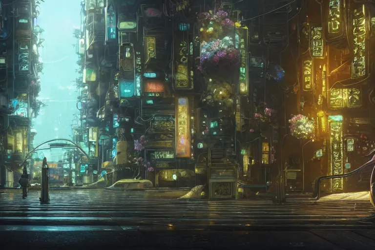 Image similar to A very detailed flower on the street of a very highly detailed solarpunk city art by Greg Rutkowski, neofuturistic highly detailed, digital concept art, Dimensional cyan gold natural light, sharp focus, Golden Ratio illustration, realistic concept art by Stephen Hickman and James Gurney and Hiromasa Ogura Ghost in the Shell rendered in Octane Render