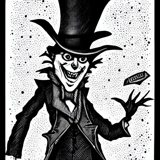 Image similar to a Pop Wonder scary horror themed goofy-hilarious-character Mad-Hatter-babadook-wearing a scarf, 3-piece-suit, dime-store-comic drawn with charcoal and pen and ink, half-tone-line-stacking