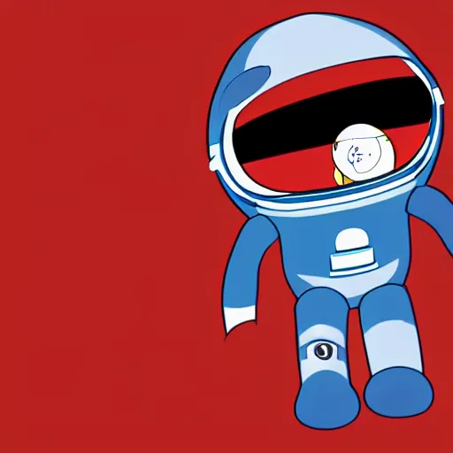 Image similar to 2 d cartoon of a red, short, bean shaped astronaut with a long blue visor