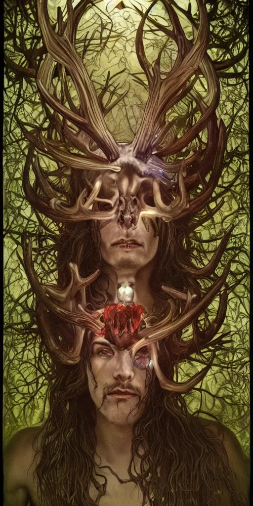 Prompt: intense bioluminescent pagan god with antlers and fangs and intense glowing eyes with a bull skull in very dark forest by mark ryden and alphonse mucha, portrait, fantasy, clear, light beams, lens flare, intense, uhd, amazing depth, cinematic lighting