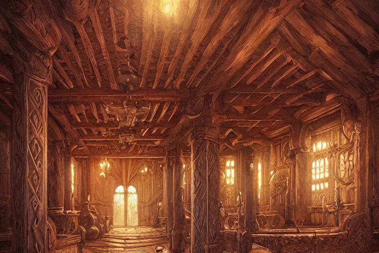 Prompt: Viking king\'s hall, ornate wood, by Andreas Rocha