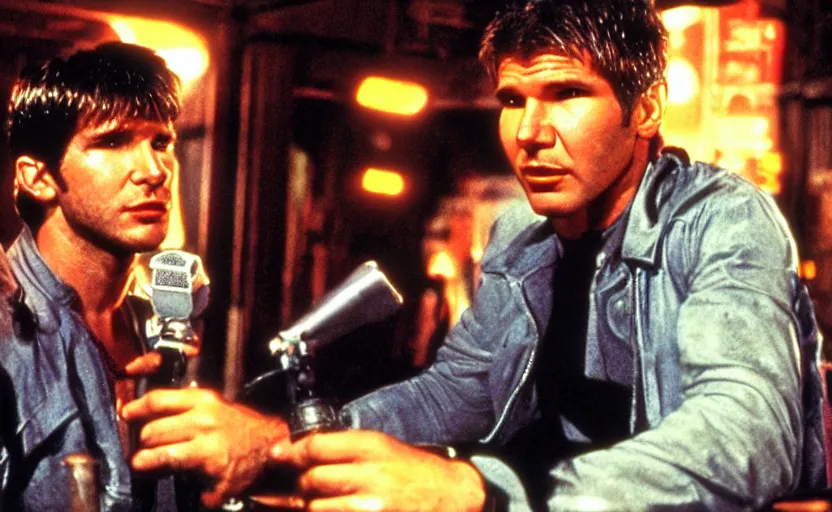 Image similar to young harrison ford as deckard from bladerunner doing standup comedy in a cyberpunk bar behind a mic