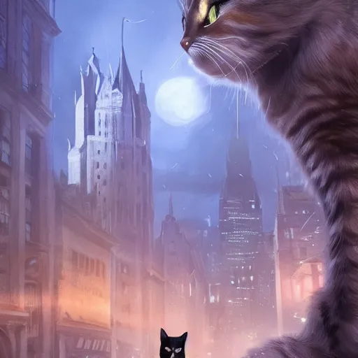 Image similar to a cat in a cloak, in a fantastic city , dramatic lighting, cinematic, establishing shot, extremely high detail, foto realistic, cinematic lighting, post processed, concept art, high details, cinematic, 8k resolution, beautiful detailed, photorealistic, digital painting, artstation, concept art, smooth, sharp focus, artstation trending, octane render, unreal engine