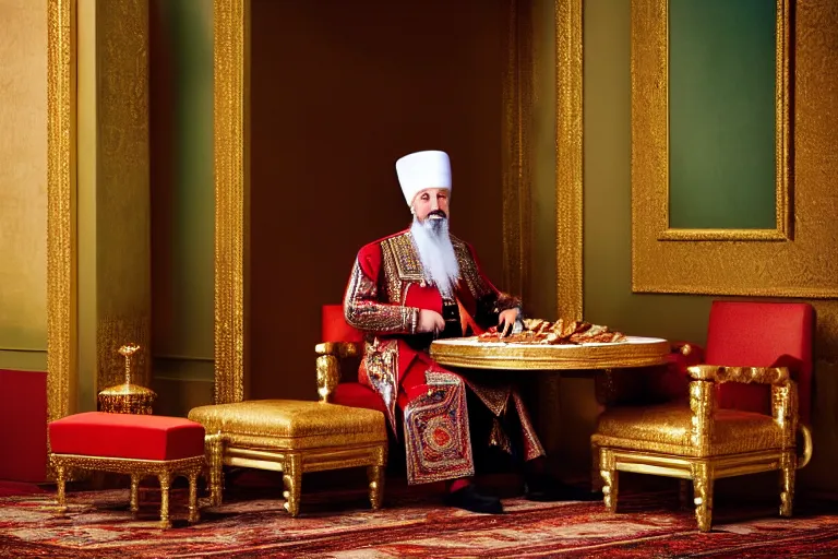 Prompt: Ottoman Sultan Mehmet IV sitting by a table full of delicious hot dogs, wearing big ovular turban and a luxurious Ottoman coat, mid-shot, cold lighting, photography from Vogue Magazine, neat, precise, realistic, detailed facial features, expressive, photorealistic, hyperrealism, micro details, HDR Shot, in the style of Martin Schoeller