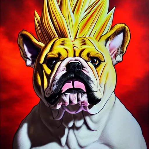 Prompt: ultra realistic portrait painting of a bulldog as super saiyan goku, art by akira toriyama, 4 k, dragon ball artstyle, cel shaded, highly detailed, epic lighting