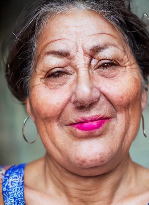 Prompt: close up portrait of beautiful Spanish 50-year-old woman model, chubby, with lovely look, happy, candid street portrait in the style of Martin Schoeller award winning, Sony a7R