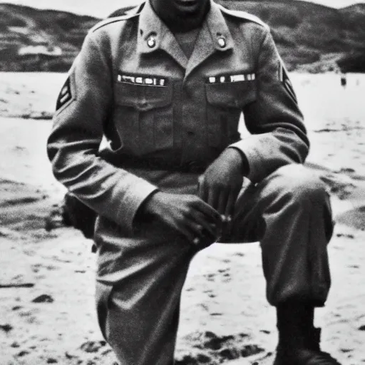 Image similar to 1 9 4 0 s vintage monochrome photograph of kendrick lamar wearing a us army uniform on omaha beach, 8 k, very detailed, very intricate,