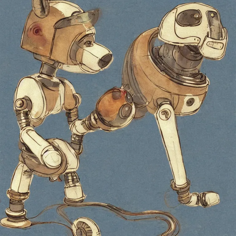 Image similar to a cute retro robot dog. alcohol inks on parchment, muted colors, detailed, beautiful, textured parchment background, 1 9 5 0 s concept art
