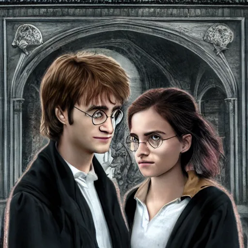 Prompt: Harry Potter and Hermione in Venice, art gallery, art museum, symmetrical face, beautiful eyes,